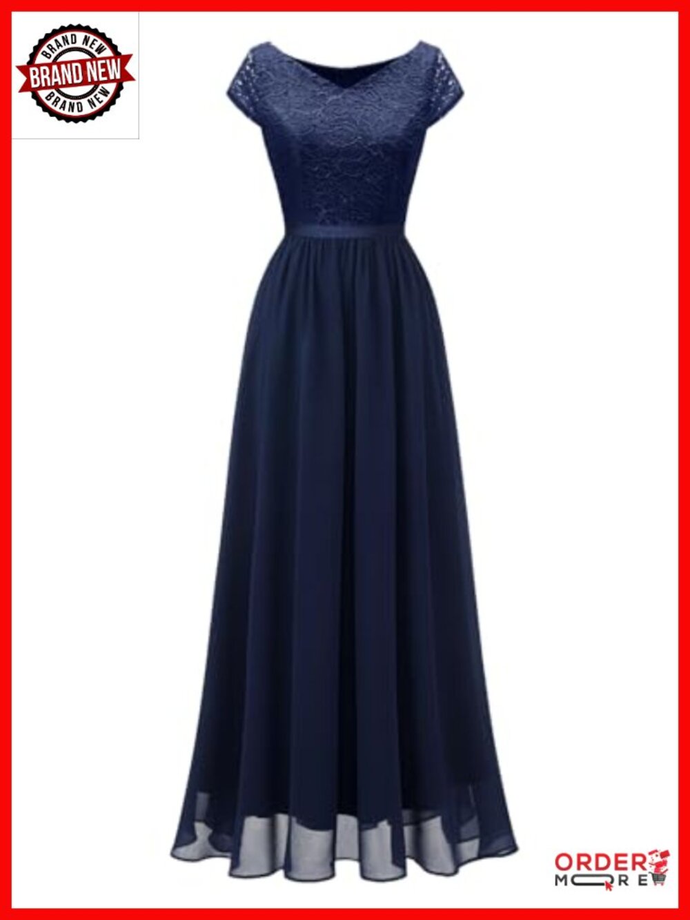 Lace Chiffon Formal Maxi Dress with Cap Sleeves V-Neck - Picture 5 of 6